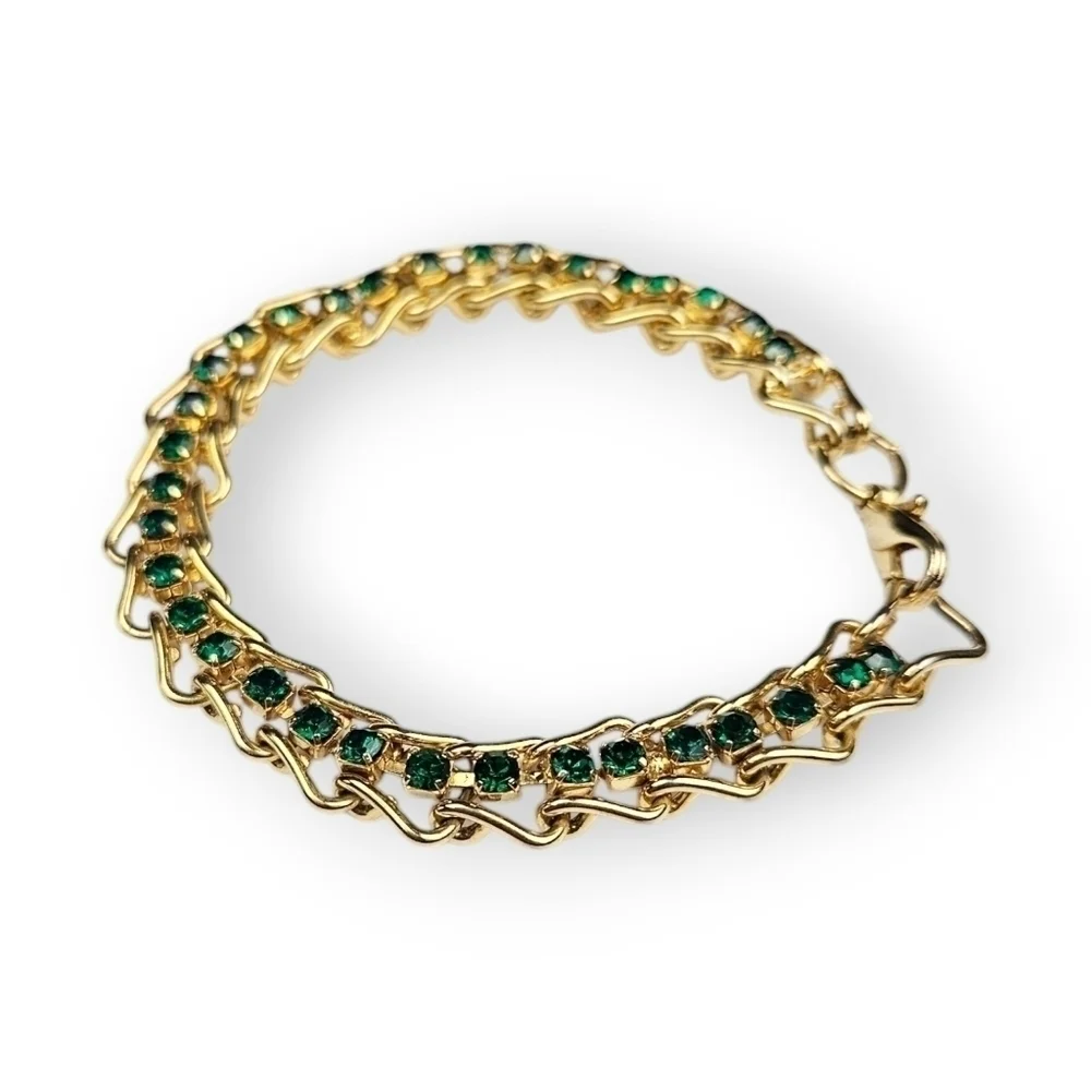 Emerald Green Rhinestone Hook Chain Bracelet Gold Plated Vintage 90s 7.25